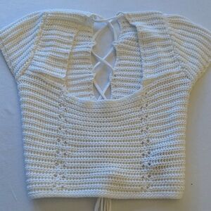 Amenah Knit White Crocheted Lace-Up Crop Top